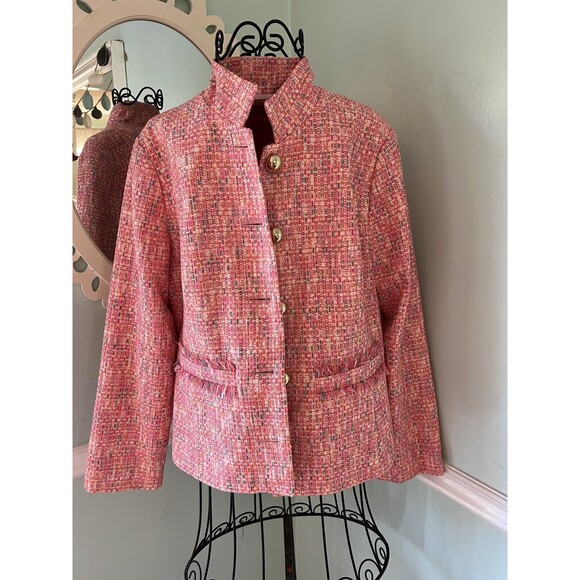 STS Sail To Sable L Button Jacket Blazer Neon Tweed Pink Gold Career Barbie - Picture 2 of 11